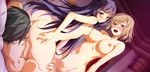  2girls :d ass blush breasts brown_hair censored cunnilingus ffm_threesome g_yuusuke gadou_rinko game_cg group_sex happy_sex hetero highres long_hair looking_back manase_akira mosaic_censoring multiple_girls navel nipples open_mouth oral purple_hair reverse_spitroast sex short_hair sitting sitting_on_face sitting_on_person small_breasts smile soushuu_senshinkan_gakuen_bansenjin soushuu_senshinkan_gakuen_hachimyoujin sweat threesome very_long_hair 