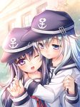  akatsuki_(kantai_collection) blue_eyes building hat hibiki_(kantai_collection) hug kantai_collection multiple_girls neckerchief one_eye_closed open_mouth purple_eyes purple_hair red_neckwear sasachin_(k+w) school_uniform serafuku silver_hair smile upper_body yuri 