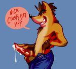  ? anthro balls bandicoot blue_background clothed clothing crash_bandicoot crash_bandicoot_(series) cum cum_on_penis cum_string dialogue english_text erection eyes_closed fur glitter_trap_boy hair half-dressed knot mammal marsupial masturbation pants penis pubes question sharp_teeth short_hair simple_background smile squint standing teeth text vein veiny_penis video_games 