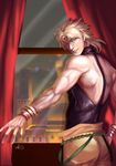  blonde_hair brown_eyes building curtains dio_brando from_behind grin halter_top halterneck highres jojo_no_kimyou_na_bouken male_focus messy_hair night signature smile vokbink window wrist_cuffs 