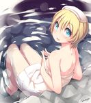  artist_name barefoot blonde_hair blue_eyes blueberry_(5959) breasts from_behind highres looking_back medium_breasts naked_towel onsen open_mouth original short_hair sitting solo towel towel_on_head water wet 