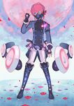  belt boots cross-laced_footwear double-breasted fingerless_gloves fire fukase full_body fur_trim gas_mask gloves jitome male_focus miwasiba moon nail_polish neon_trim one_eye_covered original pink_fire pink_hair solo standing thigh_boots thighhighs vocaloid 