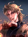  blonde_hair blood blood_from_mouth blood_stain character_name dio_brando jojo_no_kimyou_na_bouken male_focus red_eyes signature solo vokbink wrist_cuffs 