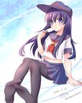  akatsuki_(kantai_collection) fan hat highres kantai_collection long_hair looking_at_viewer neckerchief pantyhose paper_fan purple_eyes purple_hair red_neckwear remodel_(kantai_collection) sasachin_(k+w) school_uniform serafuku skirt solo uchiwa 