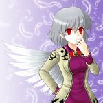  feathers finger_to_face hand_on_hip kishin_sagume red_eyes silver_hair single_wing solo touhou wings yani_tama 