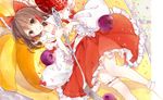  :q ankle_cuffs blueberry bow brown_eyes brown_hair cravat crepe detached_sleeves food fork fruit garters hair_bow hair_tubes hakurei_reimu hands_on_own_chest highres looking_at_viewer lying minigirl navel on_back peach short_hair skirt skirt_set solo sprinkles strawberry tongue tongue_out touhou tsukimiya_kamiko 
