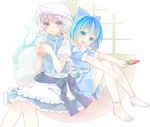  adapted_costume apron arm_rest bare_tree blue_dress blue_eyes blue_hair bobby_socks cirno cup dress food hair_ribbon hat head_tilt knees_together lavender_hair letty_whiterock looking_at_viewer multiple_girls no_shoes popsicle puffy_short_sleeves puffy_sleeves ribbon short_sleeves sitting sliding_doors smile socks touhou tree tsukimiya_kamiko waist_apron watermelon_bar yunomi 