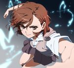  &gt;:) action aiming aiming_at_viewer attack attacking_viewer bangs bare_arms biribiri blurry brown_eyes brown_hair closed_mouth coin collared_shirt depth_of_field electricity eyelashes flat_chest foreshortening grey_background grey_skirt hair_between_eyes koitsu_(blue) looking_at_viewer miniskirt misaka_mikoto outstretched_arms perspective pleated_skirt school_uniform shirt short_hair short_sleeves skirt smile smirk solo sweater_vest to_aru_kagaku_no_railgun to_aru_majutsu_no_index tokiwadai_school_uniform v-shaped_eyebrows white_shirt 