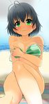  beach bikini black_hair blush bottomless breasts cleavage collarbone convenient_leg covering covering_breasts day green_bikini green_eyes large_breasts looking_at_viewer ocean open_bikini open_clothes original short_hair sitting solo swimsuit toichi 