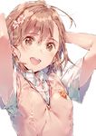  :d armpit_peek arms_behind_head brown_hair dsmile flower hair_flower hair_ornament misaka_mikoto open_mouth school_uniform short_hair smile solo sweater_vest to_aru_kagaku_no_railgun to_aru_majutsu_no_index 