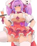  breasts choker cleavage covered_nipples cup di_gi_charat dice_hair_ornament drinking_glass drinking_straw garter_straps hair_ornament hand_on_hip highres large_breasts looking_at_viewer minakami_(flyingman555) panties purple_hair red_eyes simple_background smile solo thighhighs tray twintails underwear usada_hikaru white_background white_legwear white_panties 