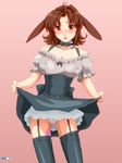  animal_ears blush bow bowtie breasts brown_eyes brown_hair bunny_ears covered_nipples garter_straps gradient gradient_background highres large_breasts open_mouth original panties pappel_ostern saliva skirt skirt_lift solo tears thighhighs tongue underwear vibrator vibrator_in_thighhighs wet wet_clothes wet_panties yagisaka_seto 