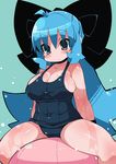  blue_eyes blue_hair blush bow breasts commentary_request hair_bow highres large_bow large_breasts long_hair old_school_swimsuit one-piece_swimsuit original parted_lips plump school_swimsuit solo swimsuit wet zankuro 