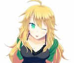  :p ahoge arms_behind_back blonde_hair green_eyes highres hoshii_miki hujikok idolmaster idolmaster_(classic) leaning_forward long_hair looking_at_viewer one_eye_closed solo tongue tongue_out 