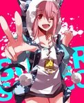  a3girislim bad_id bad_pixiv_id blush breasts commentary_request headphones large_breasts long_hair looking_at_viewer nitroplus one_eye_closed open_mouth pink_hair pom_pom_(clothes) red_eyes smile solo super_sonico w 