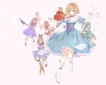  alice_margatroid blonde_hair blue_dress boots capelet dress dutch_doll glaive green_eyes hairband hat hourai_doll lance lolita_hairband looking_at_viewer polearm puffy_short_sleeves puffy_sleeves scissors shanghai_doll short_hair short_sleeves simple_background solo touhou tsukimiya_kamiko weapon white_background white_footwear wings 
