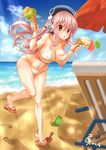  bikini blush breasts cleavage double_scoop flip-flops food headphones ice_cream ice_cream_cone ice_cream_cone_spill large_breasts long_hair luzia midriff navel nitroplus open_mouth pink_hair red_eyes sandals solo super_sonico swimsuit triple_scoop 