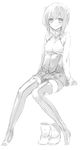  3: ankle_boots arm_support barefoot blush boots boots_removed full_body greyscale kantai_collection monochrome short_hair simple_background sino_(sionori) sitting solo taihou_(kantai_collection) thighhighs toeless_legwear white_background 