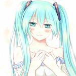  aqua_eyes aqua_hair bare_shoulders blush collarbone hair_between_eyes hair_ribbon hands_on_own_chest hands_together hatsune_miku long_hair looking_at_viewer ribbon ryuusama smile solo twintails upper_body vocaloid 