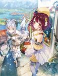  atelier_(series) atelier_sophie bird brown_eyes building covered_navel detached_sleeves dove dress flower garter_straps gloves green_eyes hair_between_eyes hair_flower hair_ornament half-timbered hat jewelry looking_at_viewer multiple_girls necklace noco_(adamas) official_art outdoors plachta purple_hair scenery short_hair smile sophie_neuenmuller standing standing_on_one_leg thighhighs white_legwear yuugen 