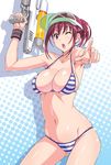  armpits bikini blush breasts cleavage fingernails halftone halftone_background halterneck holding kurara-chan_(suzutsuki_kurara) large_breasts looking_at_viewer navel one_eye_closed open_mouth original pointing pointing_forward purple_eyes purple_hair shiny shiny_hair shiny_skin silhouette skindentation solo strap_gap striped striped_bikini super_soaker suzutsuki_kurara swimsuit trigger_discipline visor_cap water_gun wristband 