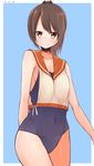  akky_(akimi1127) brown_eyes brown_hair covered_navel highres i-401_(kantai_collection) kantai_collection old_school_swimsuit one-piece_swimsuit ponytail sailor_collar school_swimsuit short_hair solo standing swimsuit 
