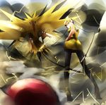  blonde_hair blue_eyes from_behind gen_1_pokemon kamitsure_(pokemon) kanata_(beyond_the_fields.) lightning looking_at_viewer md5_mismatch pantyhose poke_ball poke_ball_(generic) pokemon pokemon_(creature) pokemon_(game) pokemon_bw zapdos 