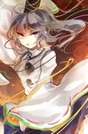  grey_eyes grin hat hat_ribbon kutsuki_kai long_hair long_sleeves mononobe_no_futo ponytail ribbon shirt silver_hair skirt smile solo touhou wide_sleeves 