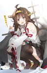  ahoge bare_shoulders brown_hair cannon cat detached_sleeves headgear hot kantai_collection kongou_(kantai_collection) long_hair nontraditional_miko revision sino_(sionori) solo squatting sweat 