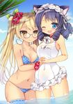  ;d animal_ears bell bell_choker bikini black_hair blonde_hair blue_eyes blush breasts cat_ears choker cleavage collarbone covered_navel curly_hair cyan_(show_by_rock!!) day drill_hair flower frilled_swimsuit frills front-tie_top glasses hair_flower hair_ornament hairband halterneck hands_together hibiscus highres holding_hands lolita_hairband long_hair medium_breasts mori_airi multiple_girls navel nontraditional_school_swimsuit one-piece_swimsuit one_eye_closed open_mouth outdoors polka_dot polka_dot_bikini polka_dot_legwear polka_dot_swimsuit retoree school_swimsuit short_hair show_by_rock!! smile string_bikini swimsuit twintails wet white_school_swimsuit white_swimsuit yellow_eyes 
