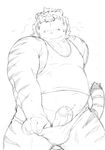  2013 anthro belly bulge cheek_tuft chest_tuft clothing dripping erection feline fur greyscale hair_tuft looking_at_penis magma00_(artist) male mammal midriff monochrome musclegut muscles nipples penis precum shirt simple_background sketch solo stripes sweat tail_tuft tank_top tiger tuft uncut underwear underwear_pull white_background 