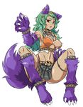  1girl animal_ears breasts claws cleavage dark_skin dragon_poker green_hair long_hair monchan_rev3 monster_girl simple_background solo tail wuru 