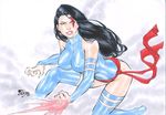  angry black_hair breasts clenched_hand clenched_teeth fingernails fred_benes frown highres leotard marvel mutant psylocke slash squatting teeth thighhighs waist_cape white_background x-men 