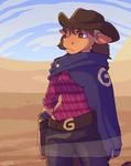  2015 anthro belt bovine brown_eyes clothed clothing cowboy_hat cowgirl_(disambiguation) female flannel hair hat hi_res jeans letter mammal plaid shirt solo standing strawberryneko 