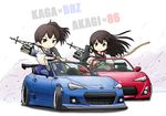  akagi_(kantai_collection) akiran_(r32) archery arrow bow_(weapon) brown_hair car character_name convertible ground_vehicle japanese_clothes kaga_(kantai_collection) kantai_collection kyuudou light_brown_eyes long_hair looking_at_viewer machinery motor_vehicle multiple_girls quiver racing side_ponytail subaru_(brand) subaru_brz tareme toyota toyota_86 tsurime weapon white_background 