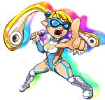  blonde_hair blue_leotard boots breasts cleavage cleavage_cutout domino_mask fusion inkling leotard long_hair mask medium_breasts microphone omi_(a-m-suit) pointy_ears rainbow_mika shouting splatoon_(series) splatoon_1 street_fighter street_fighter_v tentacle_hair twintails 