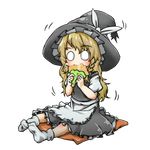  absurdres apron black_dress blonde_hair braid chamaji crepe dress eating food full_body hat highres kirisame_marisa o_o single_braid solo touhou transparent_background waist_apron witch_hat 