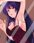  against_glass arm_up armpits artist_request bare_shoulders breasts brown_eyes girlfriend_(kari) kagurazaka_saya large_breasts long_hair looking_at_viewer parted_lips purple_hair sleeveless smile solo spaghetti_strap 