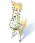  animal_ear_fluff animal_ears blonde_hair blue_eyes fox_ears fox_tail frown hands_in_pockets hood hood_down hoodie looking_at_viewer original poco_(asahi_age) sandals shiratama_kitsune short_hair simple_background socks solo tail 