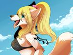  1girl artist_request blonde_hair dog furry green_eyes ponytail sky solo summer swimsuit tongue tounge 