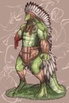  abstract_background amputee anthro claws clothing digitigrade feathers grass headdress lizard loincloth muscles native_american reptile scales scalie shaolin_bones simple_background slit_pupils vein yellow_eyes 
