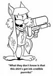  ! barefoot black_and_white bubsy cat clothing crossover dialogue english_text fangs feline humor lynx male mammal monochrome nintendo open_mouth pun shirt smile solo splatoon squirt_gun tentacle_hair tentacles text video_games 
