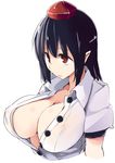  black_hair breasts cleavage covered_nipples hat kamukamu_(ars) large_breasts no_bra open_clothes pointy_ears red_eyes shameimaru_aya simple_background solo touhou white_background 