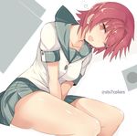  ;o breasts kantai_collection kinu_(kantai_collection) looking_at_viewer medium_breasts one_eye_closed open_mouth red_eyes red_hair school_uniform serafuku short_hair sitting skirt solo sts thighs twitter_username v_arms 