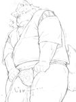  2013 anthro black_and_white blush bulge canine chest_tuft clothing erection erection_under_clothes eyes_closed fist frown fundoshi fur hair_tuft japanese_text magma00_(artist) male mammal monochrome omorashi overweight peeing shaking shirt simple_background sketch solo standing sweat text tuft underwear urine wetting white_background wolf 