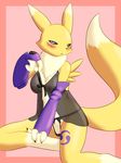  artist_request blue_eyes border breasts digimon furry nipples open_mouth renamon simple_background solo 