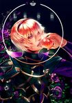  armor blonde_hair cape clandestineknight eating fire_emblem fire_emblem_if flower leaf leon_(fire_emblem_if) male_focus open_mouth purple_eyes rose solo tomato 