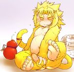  2015 anthro ball_grab balls belly blonde_hair blush butt chiro_(artist) chubby erection feet fur gradient_background hair headband hi_res looking_at_viewer male mammal monkey nipples penis presenting primate simple_background smirk solo thick_eyebrows uncensored unknown_character vein veiny_penis yellow_eyes yellow_fur 