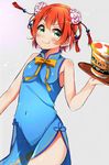  :q bad_id bad_pixiv_id blue_dress blush bow bowtie china_dress chinese_clothes covered_navel cup_ramen dorisu2 dress flower green_eyes hair_flower hair_ornament highres holding holding_tray hoshizora_rin love_live! love_live!_school_idol_project orange_hair short_hair side_slit smile solo tassel tongue tongue_out tray v-shaped_eyebrows yellow_neckwear 