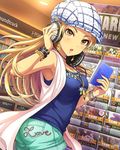  :o armpits artist_request bangle bracelet breasts brown_eyes brown_hair cabbie_hat cartridge casual cd_case ceiling chain cleavage coat dog_tags dutch_angle earrings fingernails from_behind glint hand_on_headphones hat headphones holding idolmaster idolmaster_cinderella_girls indoors jewelry jpeg_artifacts key long_fingernails long_hair looking_at_viewer looking_back matsunaga_ryou medium_breasts nail_polish necklace official_art open_clothes open_coat pendant pink_nails plaid plaid_hat record_store sequins shop shorts sleeveless sleeveless_coat solo spiked_bracelet spikes tank_top 